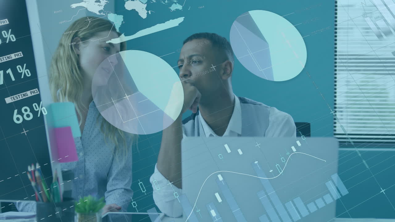 Animation of data processing over diverse business people working in office