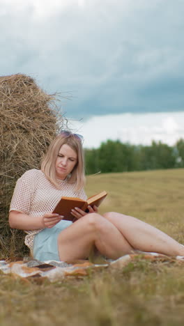 dama se sienta en una manta en un campo abierto, leyendo un cuaderno cubierto de marrón con una bola de heno detrás, un vasto paisaje rural con cielo nublado y árboles verdes en la distancia