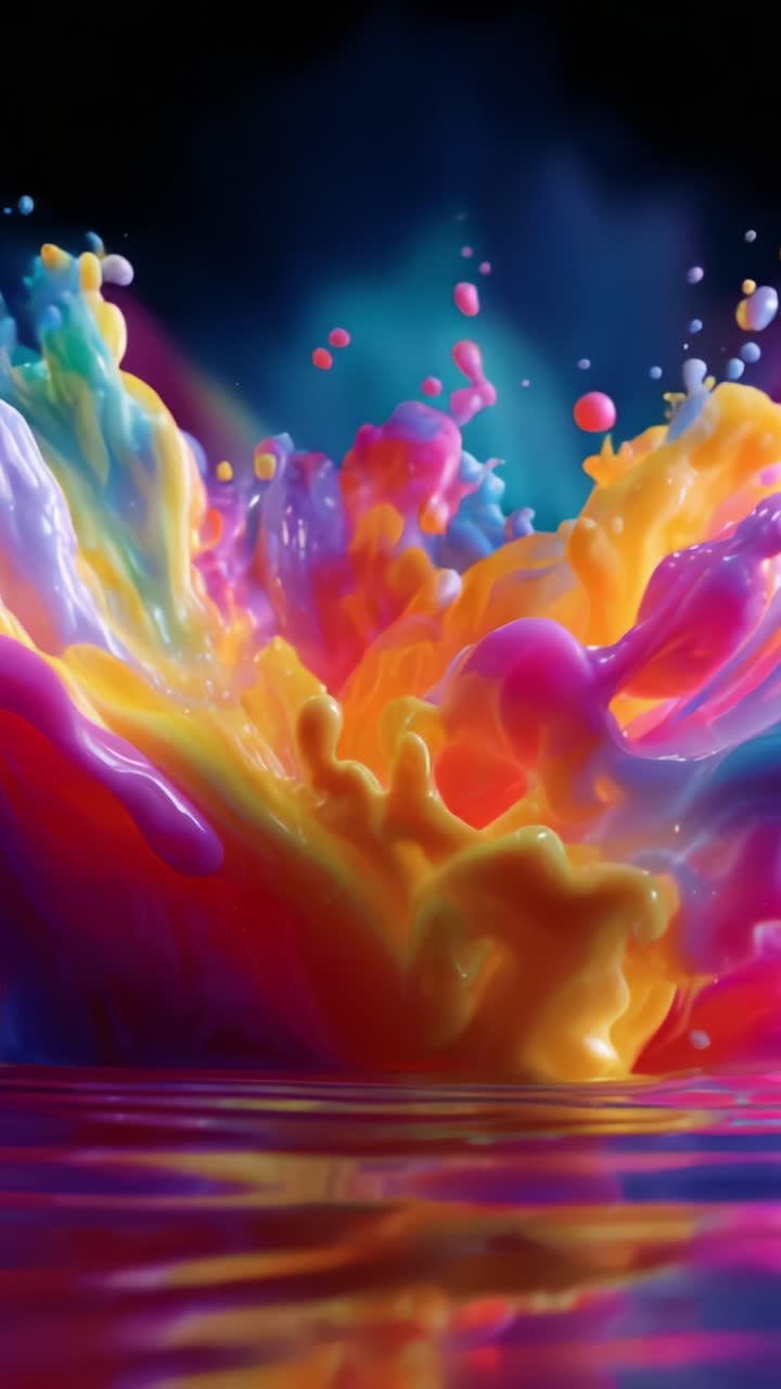 Un'esplosione vivace di dinamiche di liquidi colorati che illustra il movimento artistico dei fluidi e la splendida interazione di colori e forme in un'incredibile visualizzazione di contenuti visivi