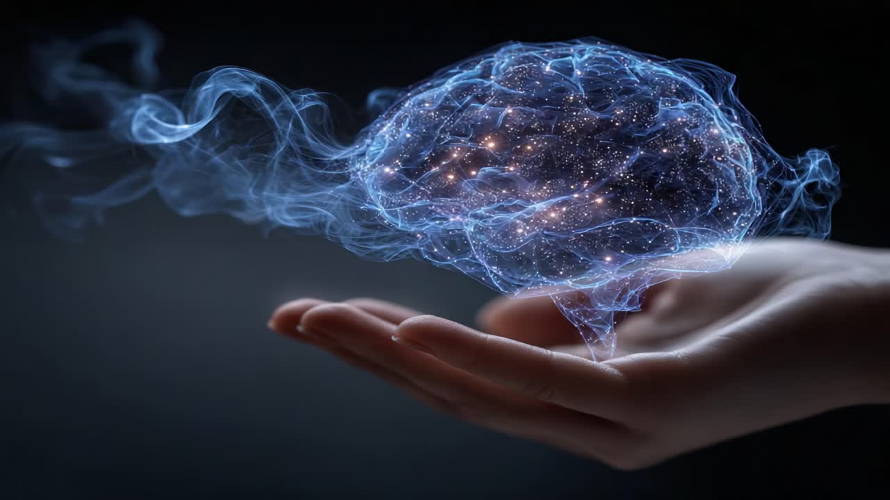 A stunning visual representation of the human brain, appearing to float above a hand, illuminated by a galaxy of stars and ethereal wisps of light, showcasing the power of thought and creativity