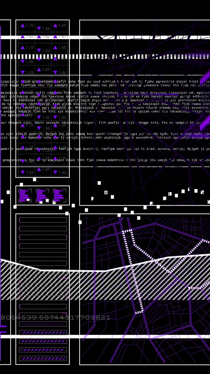 Animation of digital data processing over screen on black background