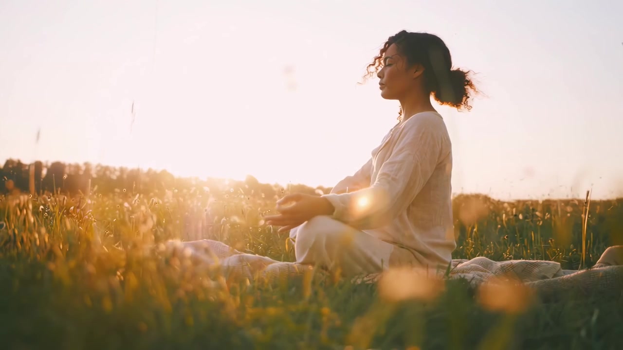 Young Woman Meditating in a Grassy Field at Sunset