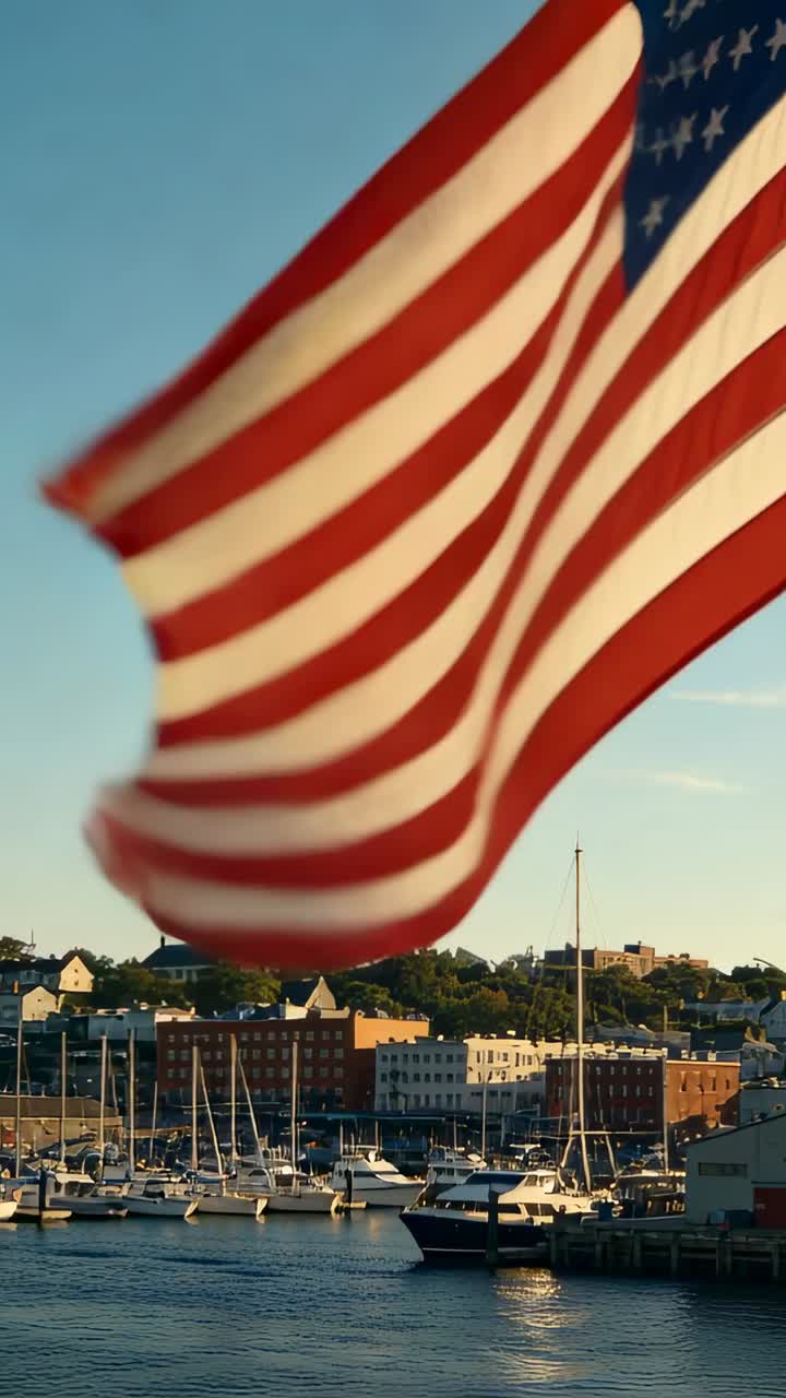 Video verticale: Bandiera americana che sventola coprendo le barche al porto turistico, raffiche di vento che spingono la bandiera, spazio per il testo.