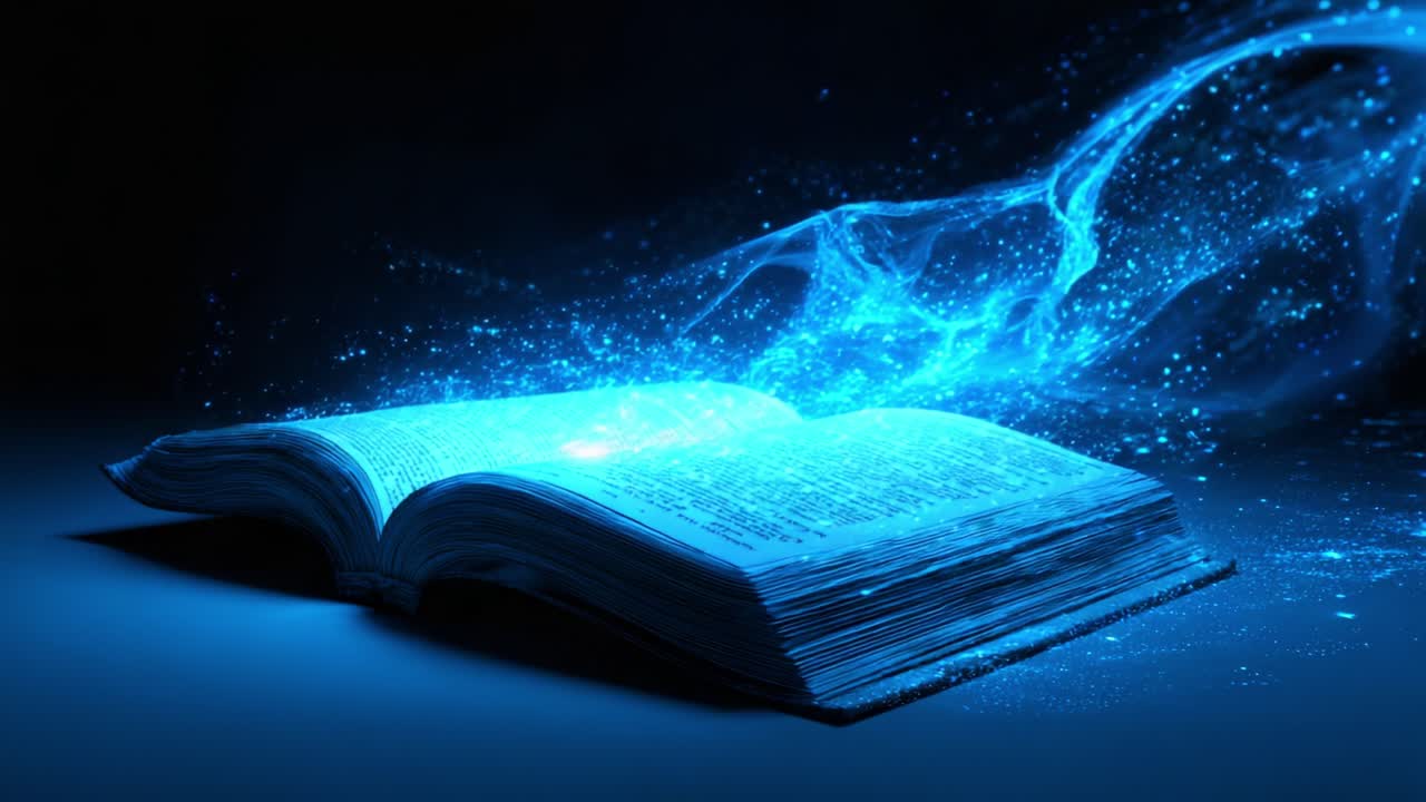 An Enchanted Book Unveils Mystical Secrets Through Shimmering Blue Light and Sparkling Particles, Creating a Magical Atmosphere of Knowledge and Imagination in the Darkness
