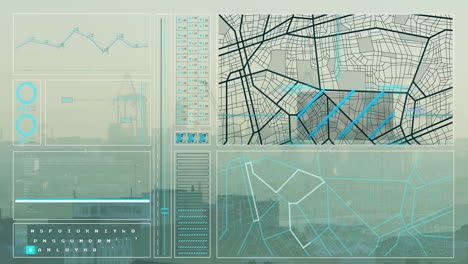 animación de la interfaz con el procesamiento de datos frente a una vista aérea del paisaje urbano