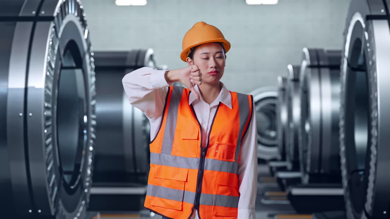 산업 환경에서 불행한 여성 엔지니어