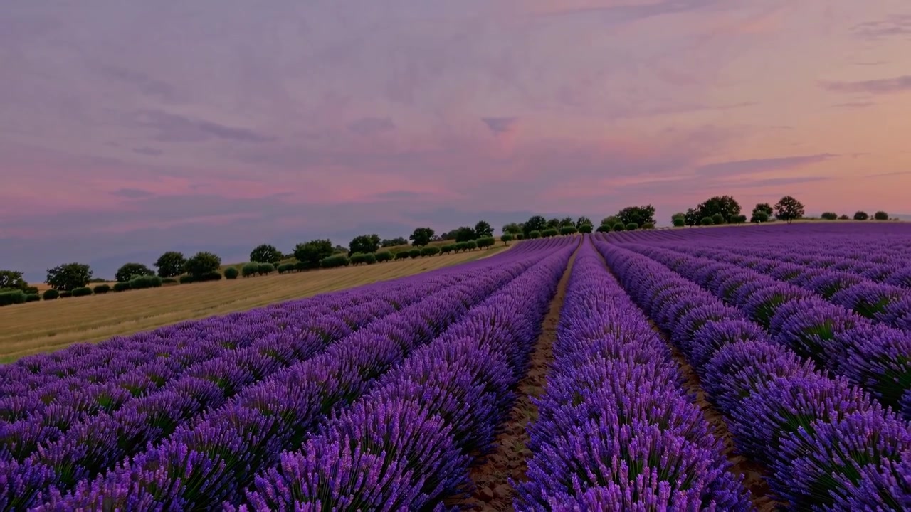 Färgstarkt lavendelfält vid solnedgången i Provence
