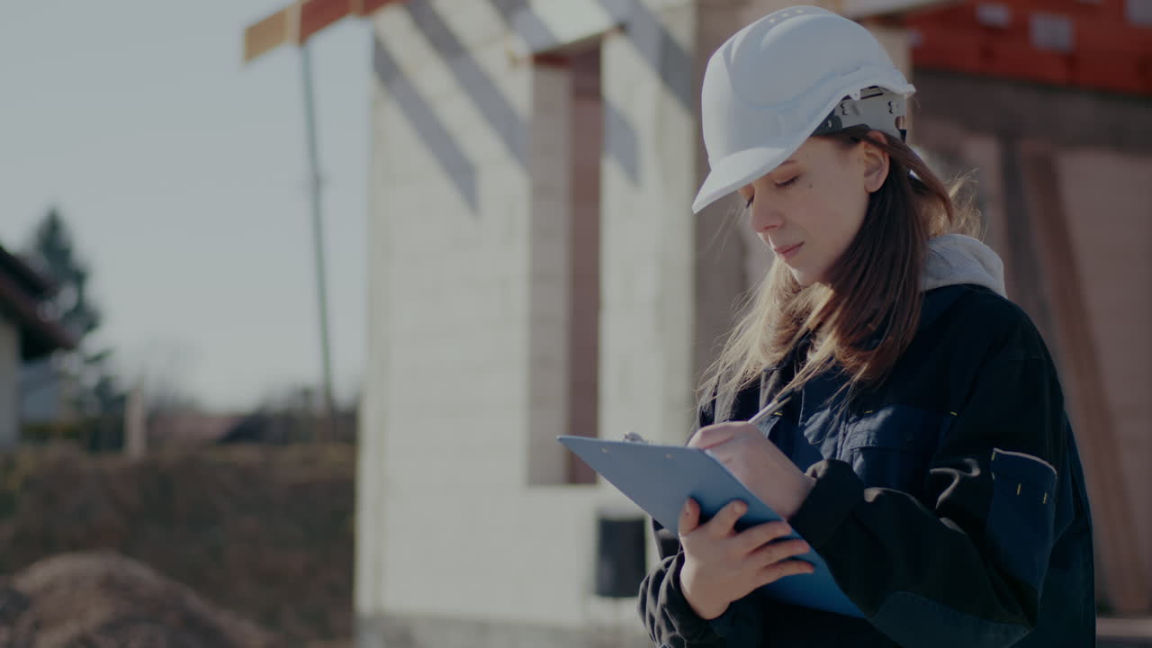Lockdown shot of confident young female architect wearing white hardhat while writing on clipboard at construction site on sunny day