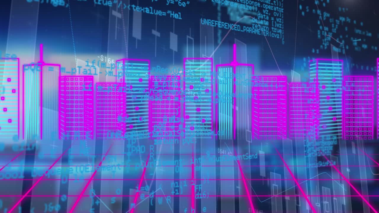 Animation of data processing over blue background with metaverse city
