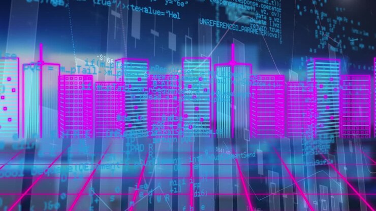 Animation of data processing over blue background with metaverse city