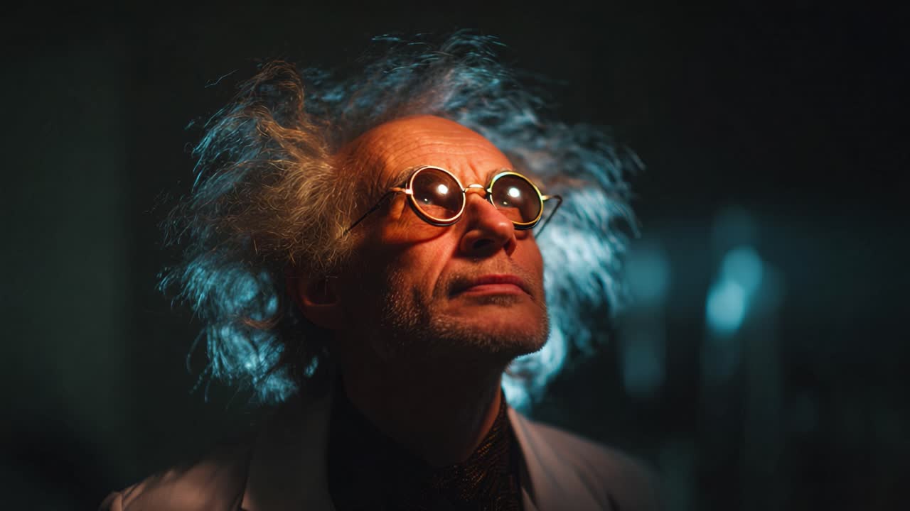 A Curious Scientist Gazes Towards the Light with Wild Hair and Unique Glasses, Capturing the Essence of Eccentricity and Intellectual Wonder in a Mysterious Setting