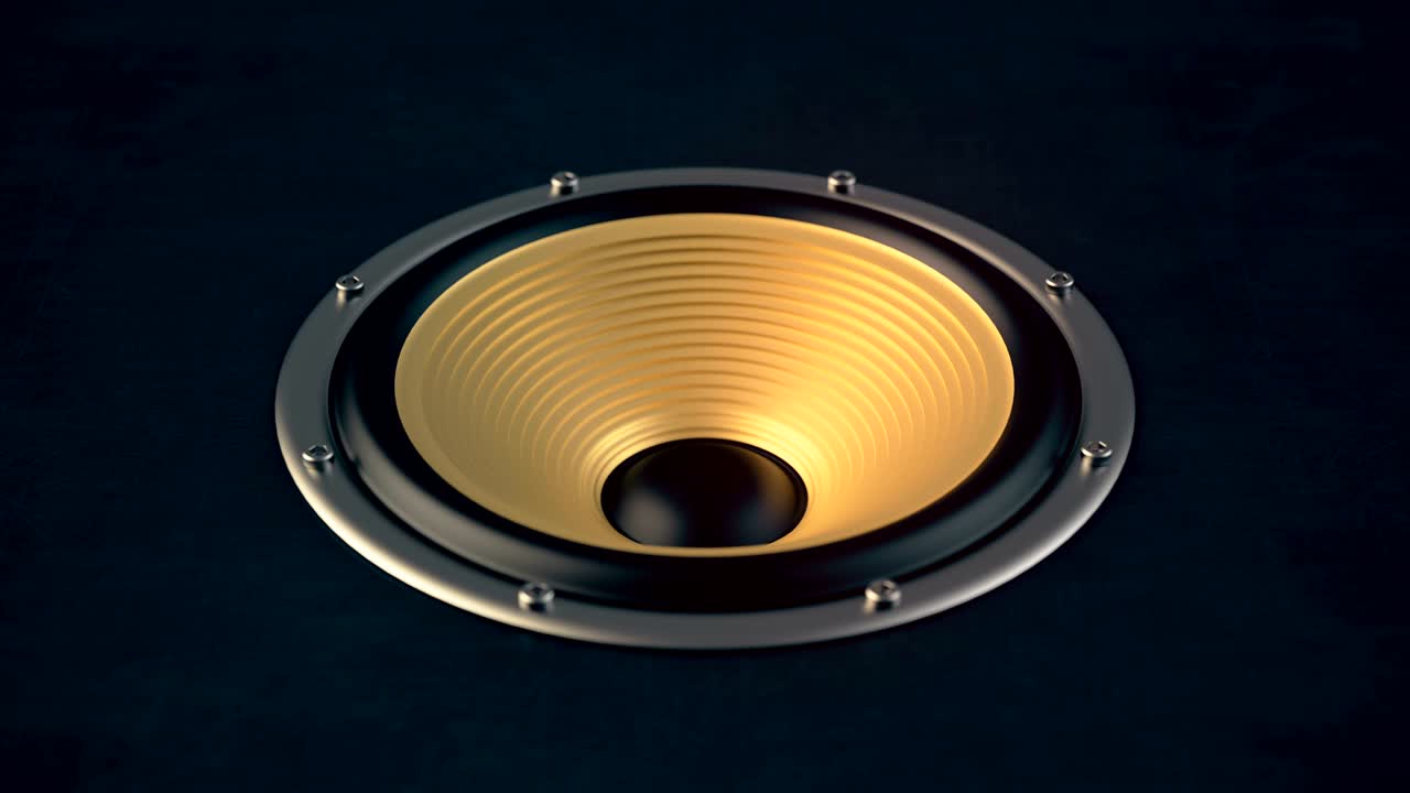 Audio speaker with gold colored membrane playing looped modern music