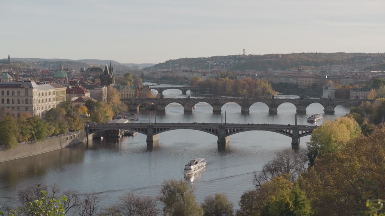 Prague Cityscape with Vltava River and Bridges