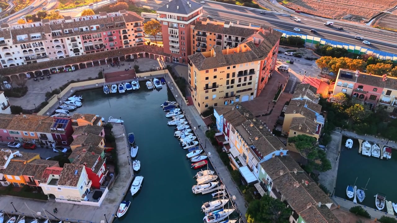 Vista de ângulo alto de um porto de barcos cercado por edifícios residenciais com fachadas coloridas e telhados de telha em uma cidade mediterrânea. Vista aérea de marina costeira com iates de luxo e barcos.