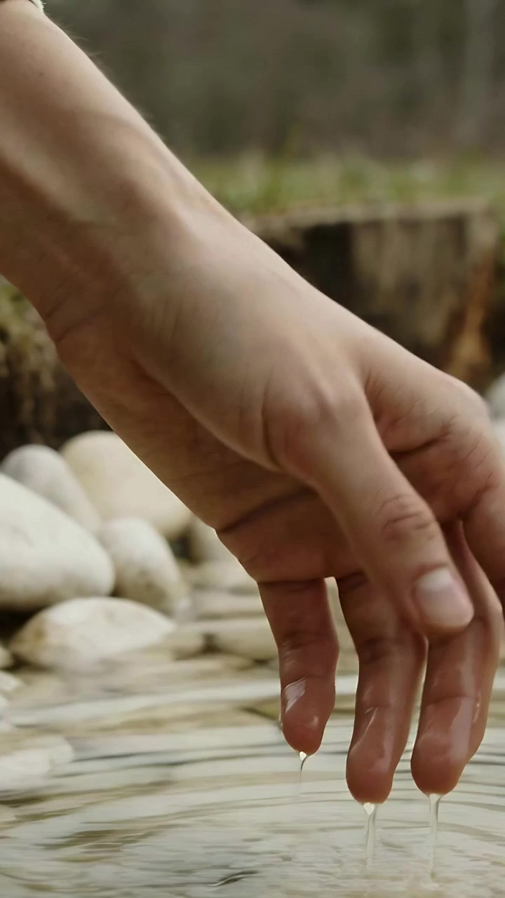 Vertical video: Lowering sleeved hand, fingertips exploring creek stones, making ripples and drops