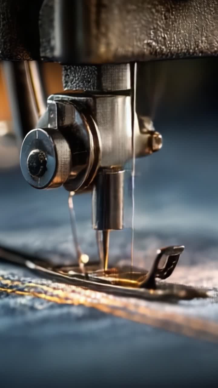Intricately Detailed Close-Up of an Industrial Sewing Machine in Action, Featuring Precision Stitching on Denim Fabric, Capturing the Artistry of Tailoring and Craftsmanship