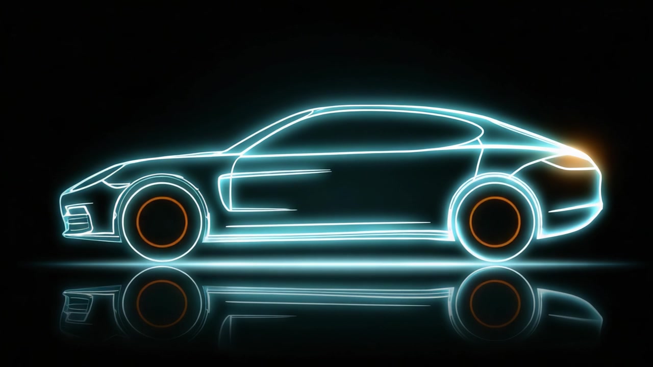 Design futuristico di un'auto al neon mostrato in fotogrammi dinamici con un profilo elegante che enfatizza l'estetica moderna e la tecnologia innovativa, a rappresentanza del progresso dell'industria automobilistica