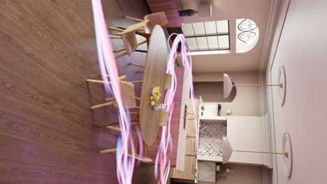 el concepto de diseño de interiores de animación de renderización 3d de la cocina vertical moderna del apartamento de la sala de estar con flujo de energía inteligencia artificial en la tarea diaria ama de casa