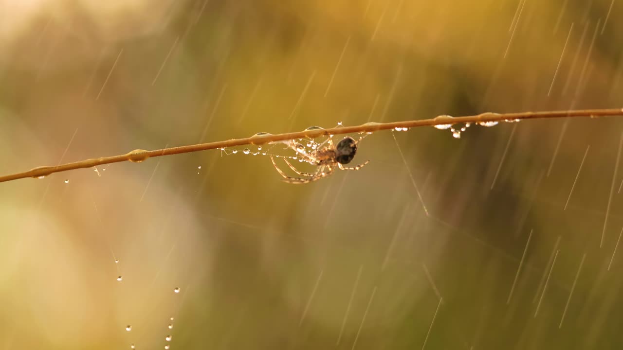 gotas de lluvia en la telaraña, telarañas en pequeñas gotas de lluvia.