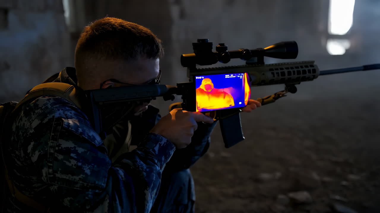 Soldier using a rifle with thermal imaging scope