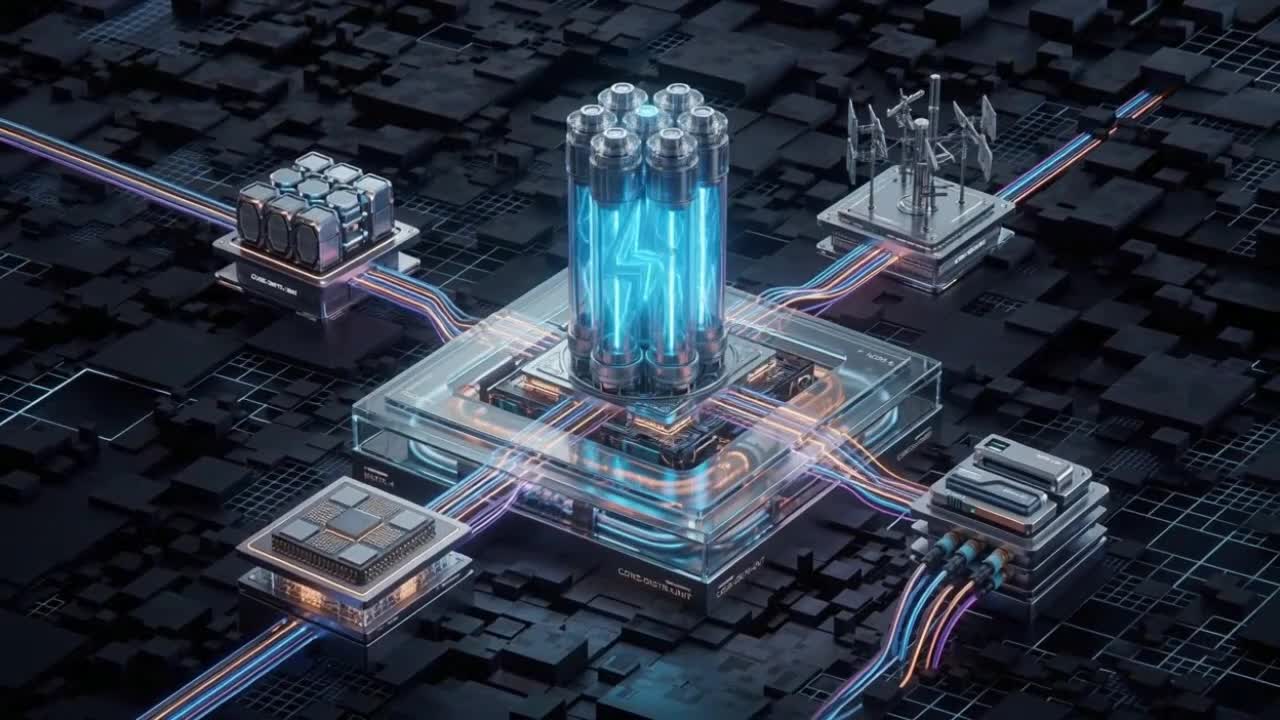 Futuristic energy core system with glowing battery and connected circuits powering advanced digital network grid