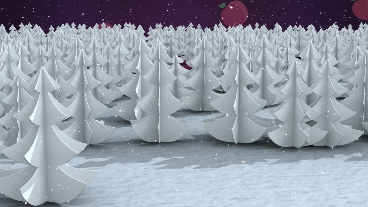 보라색 배경에 떨어지는 사과 아이콘에 맞서 겨울 풍경에 여러 나무에 눈이 내리고 있습니다.