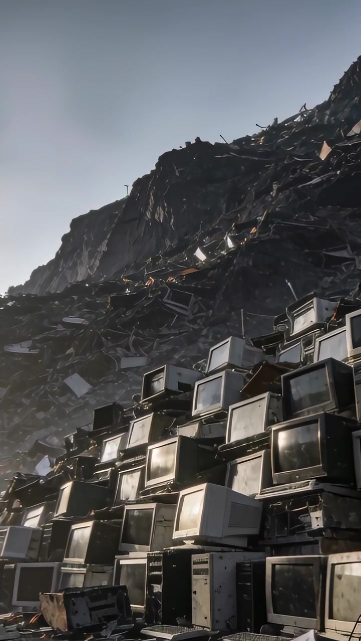 Vertical video: Tilting camera showing CRT pile, PC towers on scrap slope to reveal drifting papers