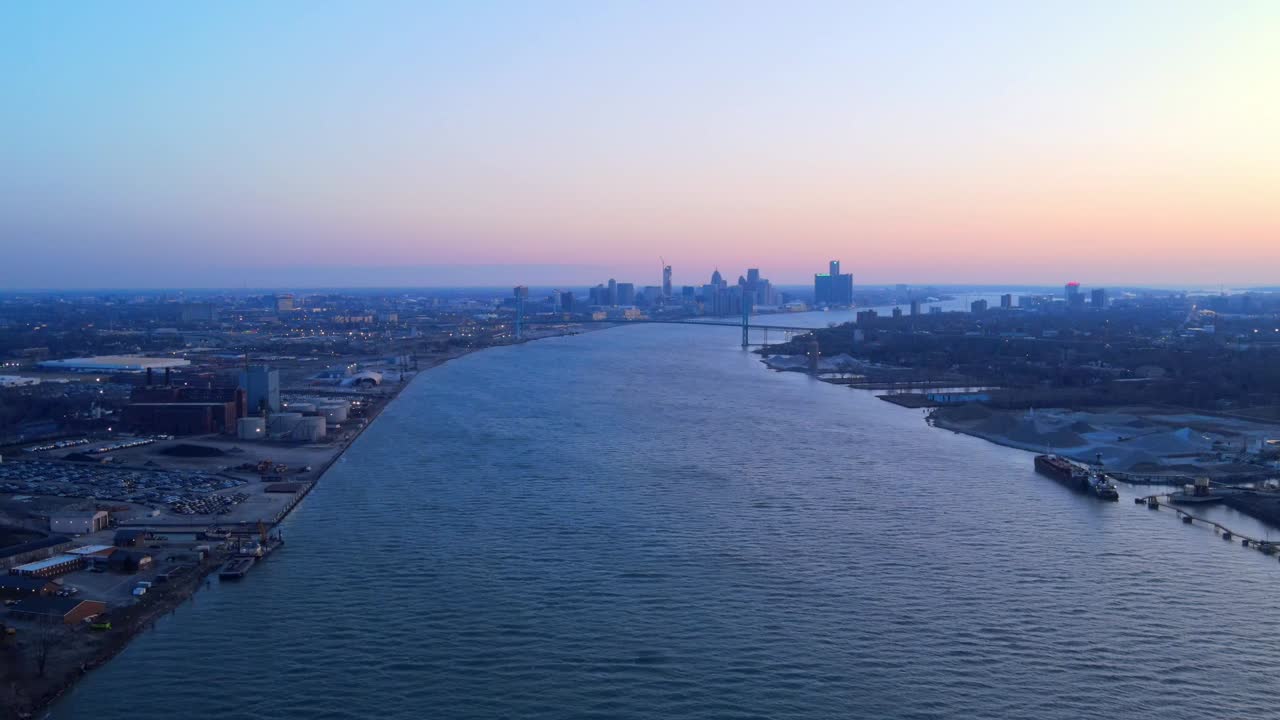 Detroit Skyline at Sunset Aerial View