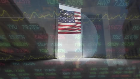 animation of data processing over flag of usa and door