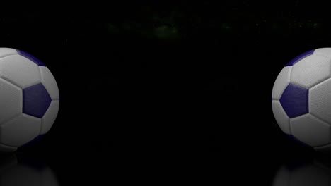diseño 3d de bolas de fútbol en el fondo oscuro. animación en bucle de bolos de fútbol rodando de cuero en el fondo del universo y las estrellas.