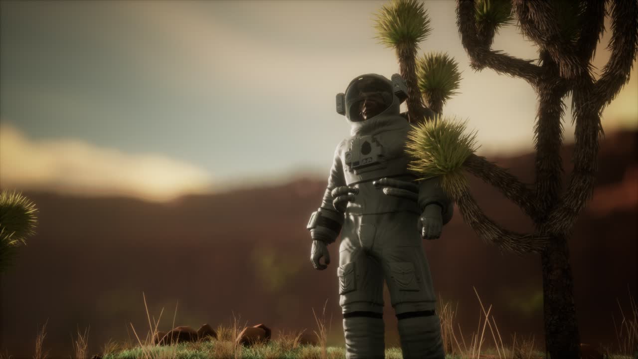 네바다의 높은 사막에 있는 우주 비행사