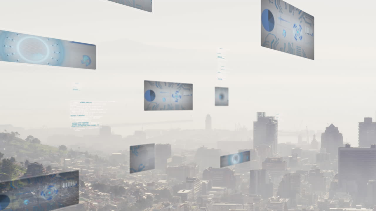 도시 풍경 위의 데이터 처리 및 범위 스캐닝의 애니메이션