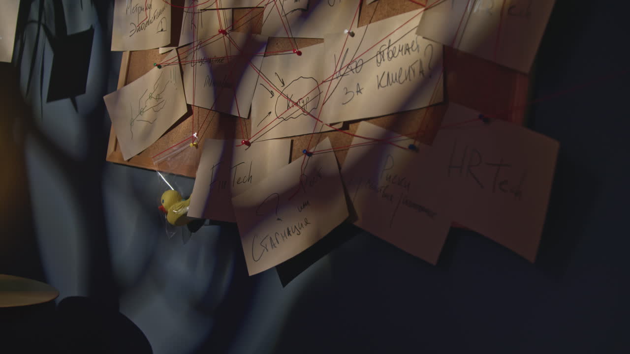 서로 연결된 접착식 노트가 있는 코크보드