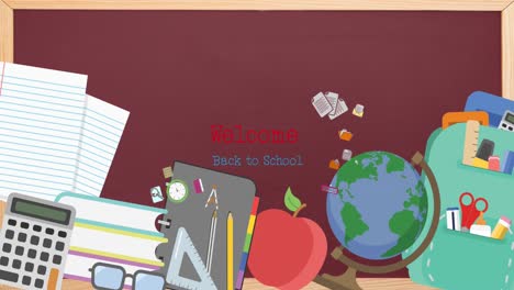 animación del texto de bienvenida a la escuela sobre los iconos de los artículos escolares