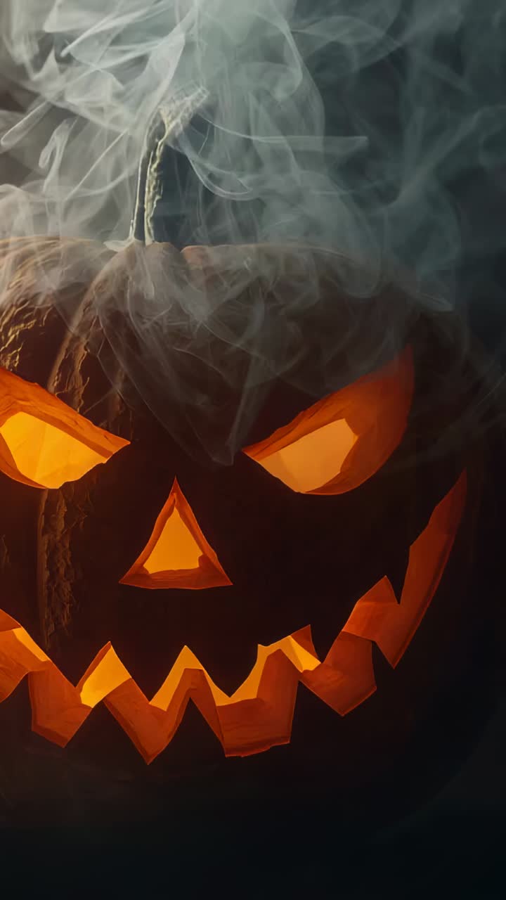 Video verticale: luce interna tremolante che illumina una zucca intagliata in una stanza con foschia di fumo crescente