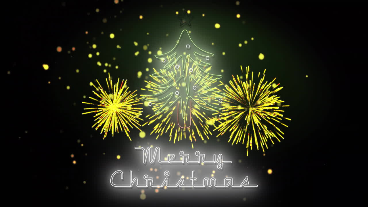 Animation of merry christmas text and fireworks on black background