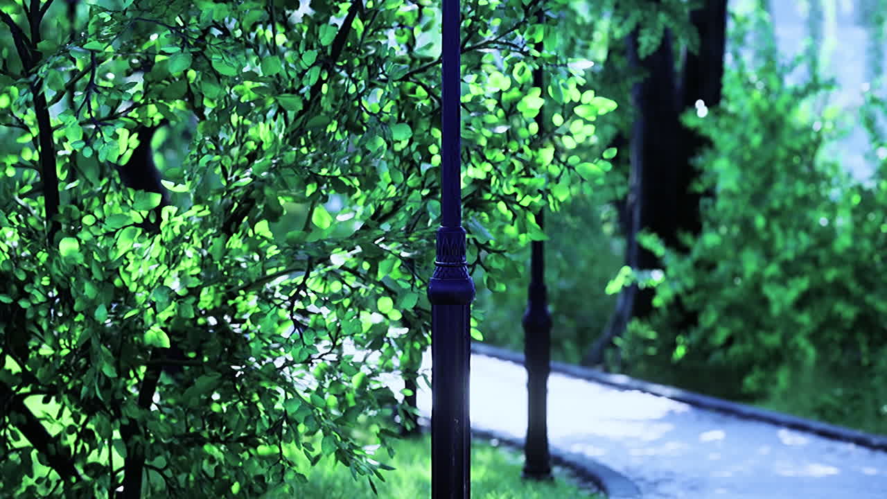 Lively park walkway surrounded by vibrant greenery under soft sunlight