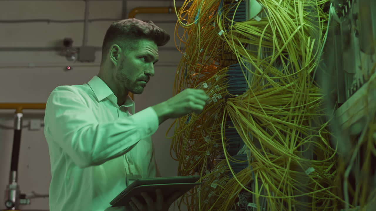 hombre trabajando en la sala de servidores