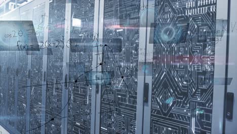 animation of round scanners, mathematical equations and microprocessor connections over server room