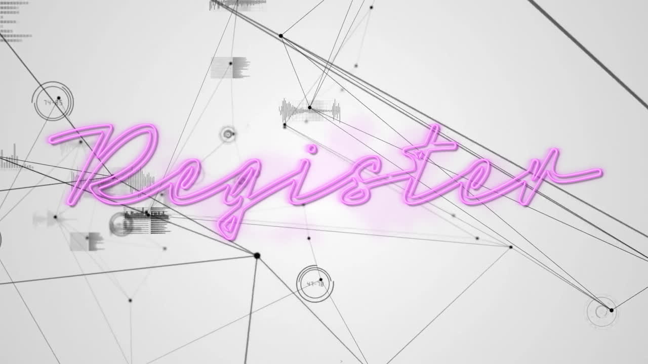 Neon pink animation of Register text with abstract geometric lines and connections