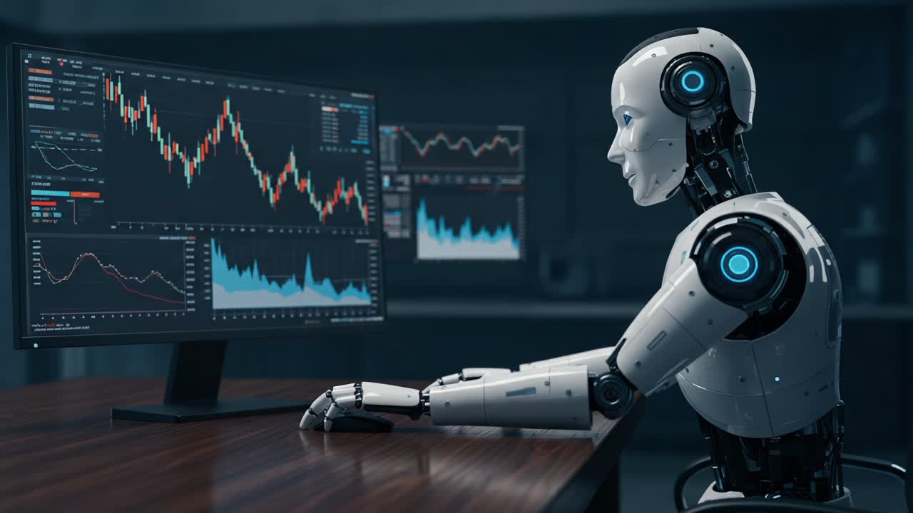 A Futuristic Robot Analyzing Financial Data on Multiple Monitors, Showcasing Advanced Technology and Artificial Intelligence in Action