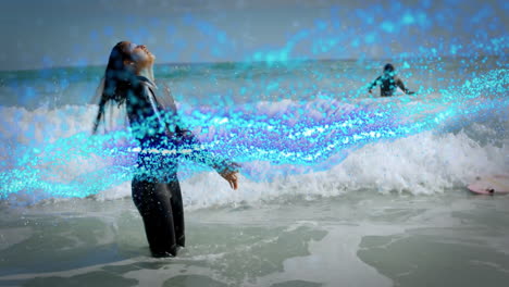 surfer flipping hair in ocean surf for sports campaign, with animated chart showing wave heights