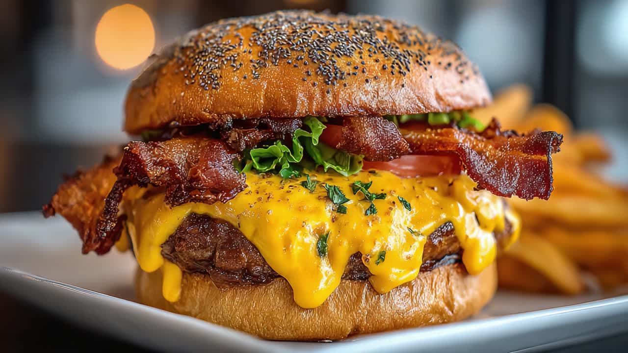 Deliciosa y jugosa hamburguesa con queso cubierta con tocino crujiente, queso derretido, lechuga fresca y tomate, servida con patatas fritas doradas para una experiencia culinaria perfecta.