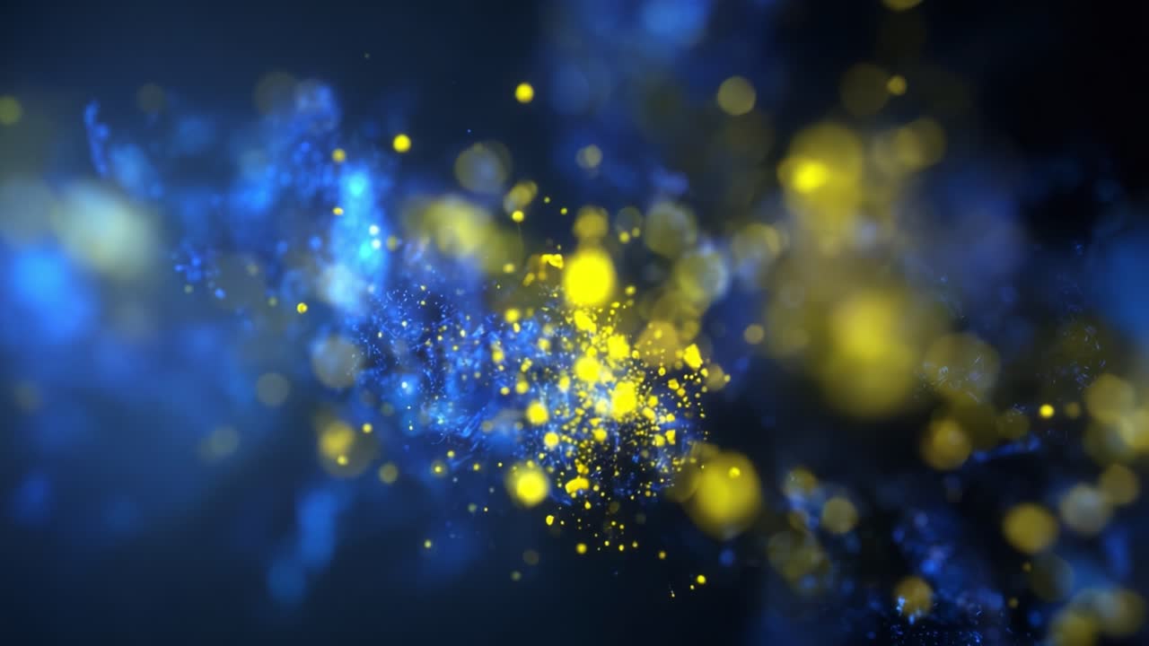A Vibrant Cosmic Dance: An Enchanting Exploration of Blue and Yellow Starry Particles Illuminating the Dark Abyss of Space in Stunning Motion and Depth