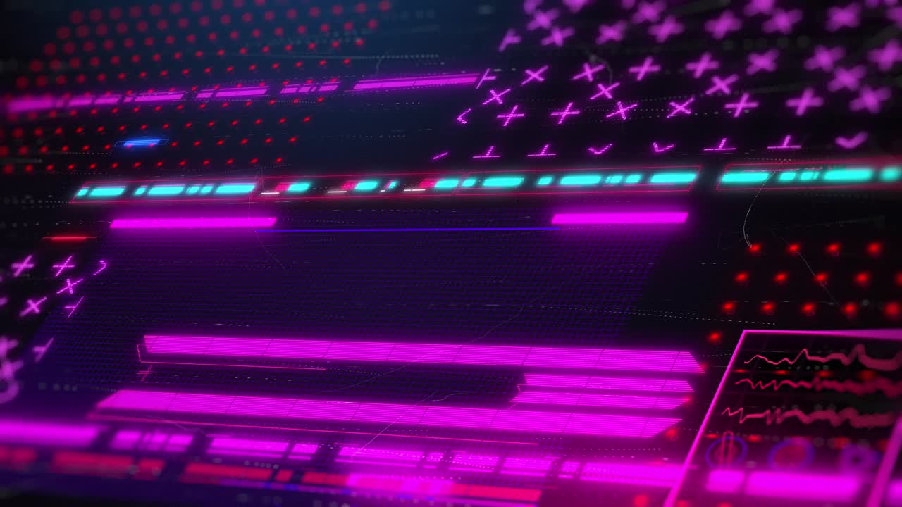 Interfaccia schermo computer stile retrowave. HUD futuristico, animazione 3D in loop