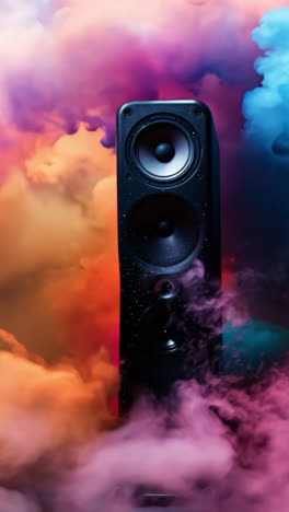 two speakers are surrounded by a cloud of colorful smoke. the speakers are orange and blue, and the smoke is pink, purple, and orange. the scene is dynamic and energetic, with the speakers