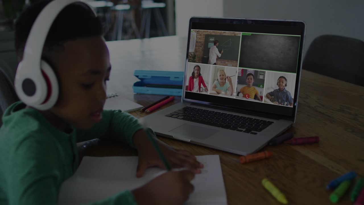 Pupil writing at wood table for remote class while laptop connecting, HUD rings and padlock growing