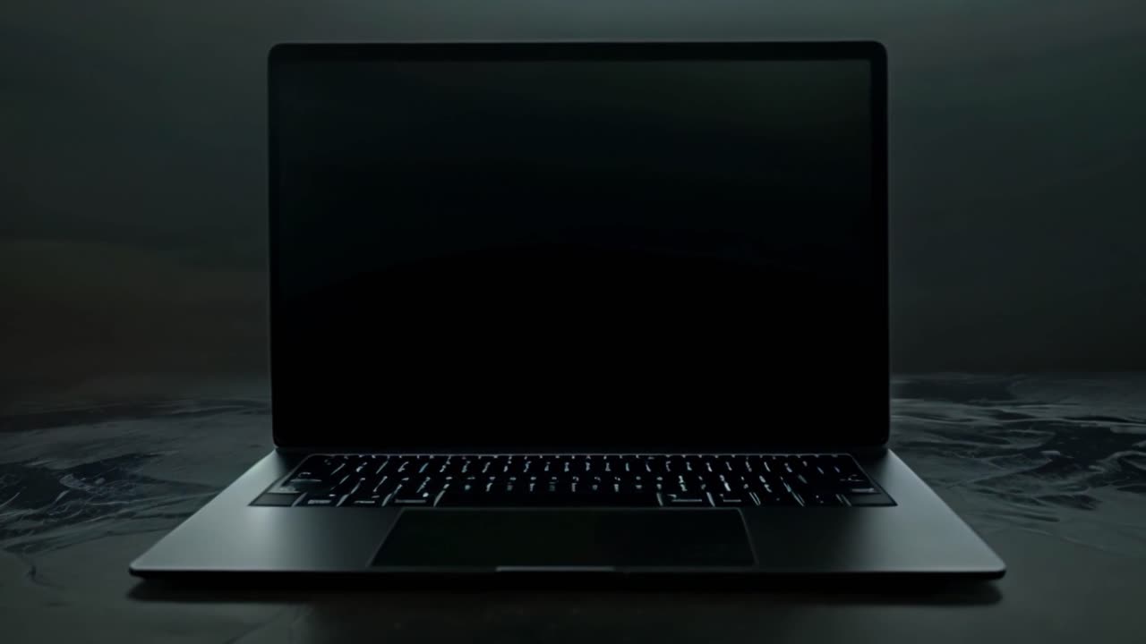 Dark Laptop with Black Screen on Textured Surface