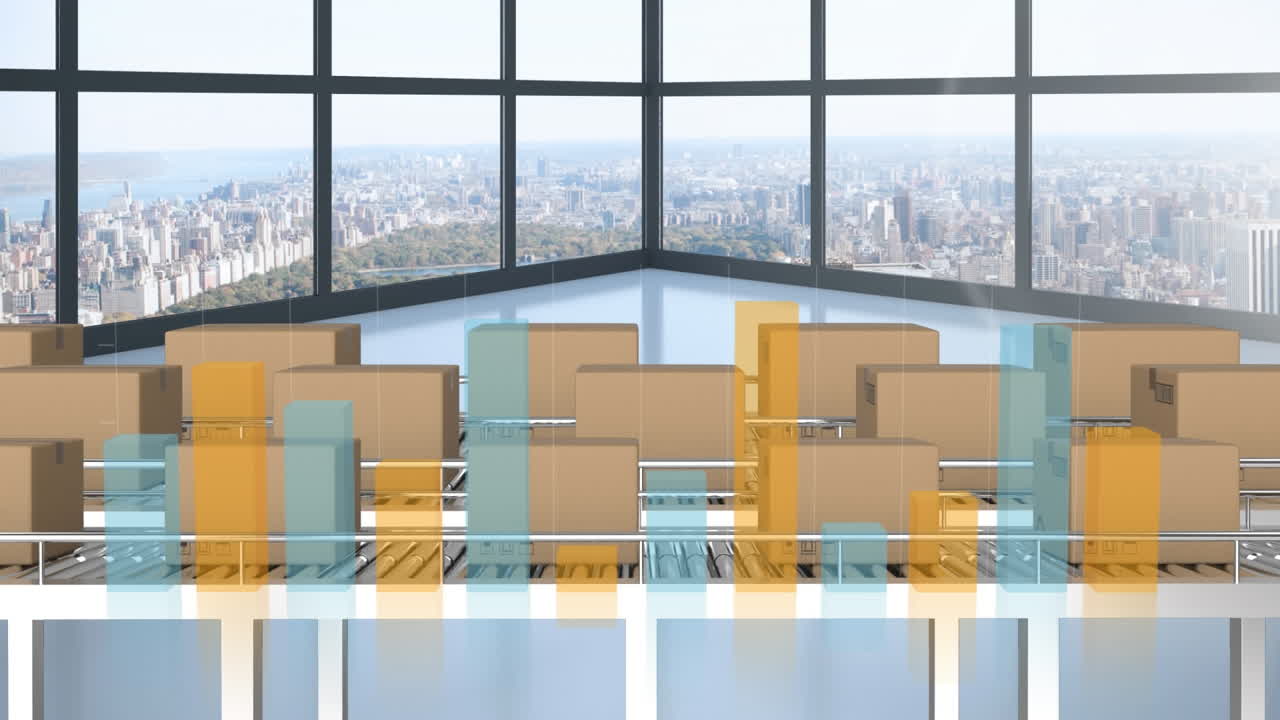 輸送ベルトと都市風景上の紙箱の上での統計処理のアニメーション