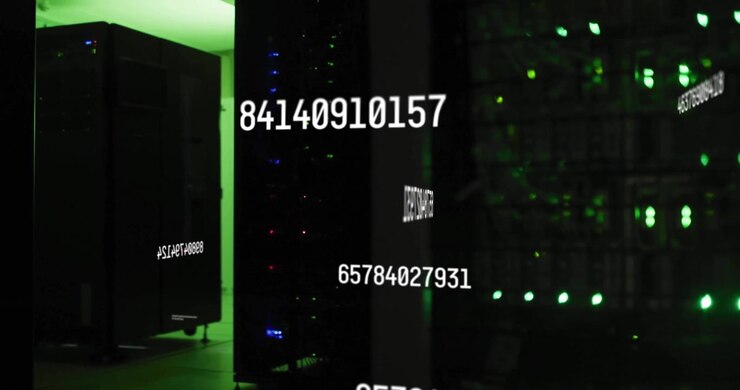 Blurred numbers appearing on server racks starting floating streams transforming to show data flow